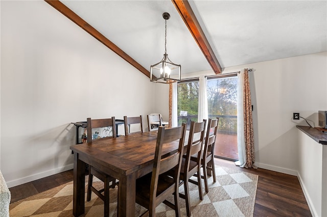 dining space featuring vaulted ceiling with beams, dark wood-type flooring, and an inviting chandelier