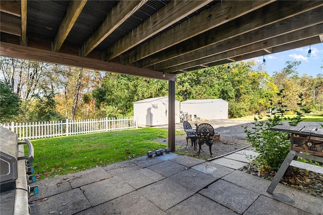 view of patio featuring a storage unit