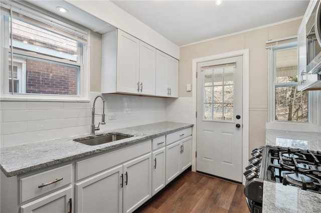 kitchen with a sink, light stone counters, dark wood finished floors, white cabinetry, and decorative backsplash