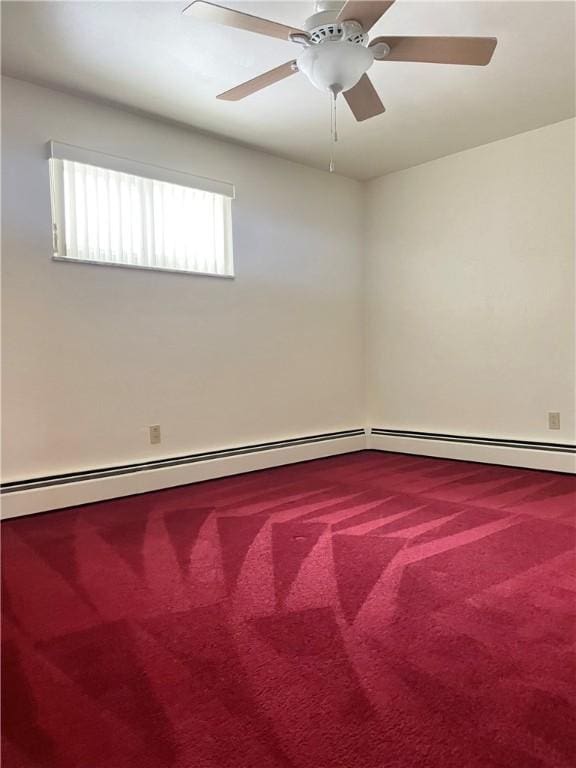 unfurnished room with ceiling fan and carpet