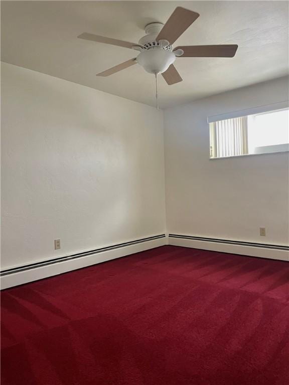 empty room with ceiling fan, a baseboard radiator, and carpet