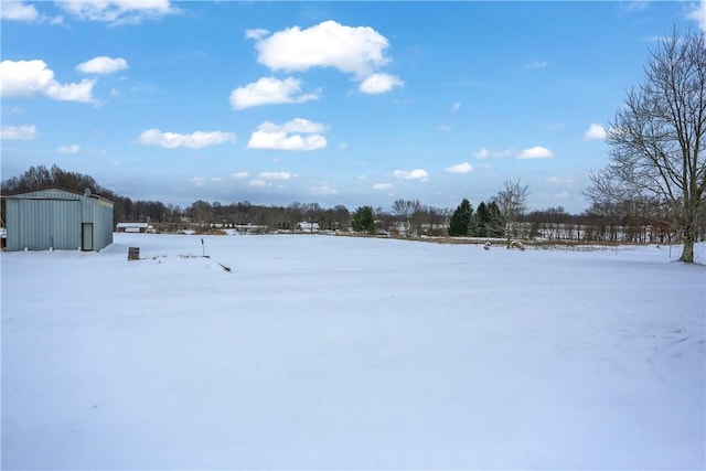 yard covered in snow featuring an outdoor structure