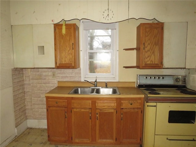 kitchen with sink and white electric range oven