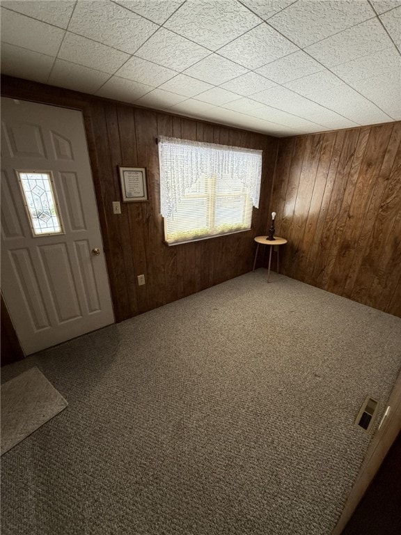 foyer with carpet flooring and wooden walls