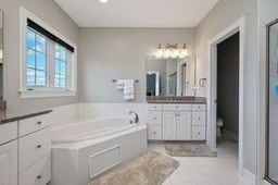 bathroom featuring vanity, plus walk in shower, and tile patterned flooring