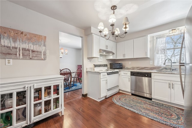 kitchen with stainless steel dishwasher, white cabinets, white electric range, and sink