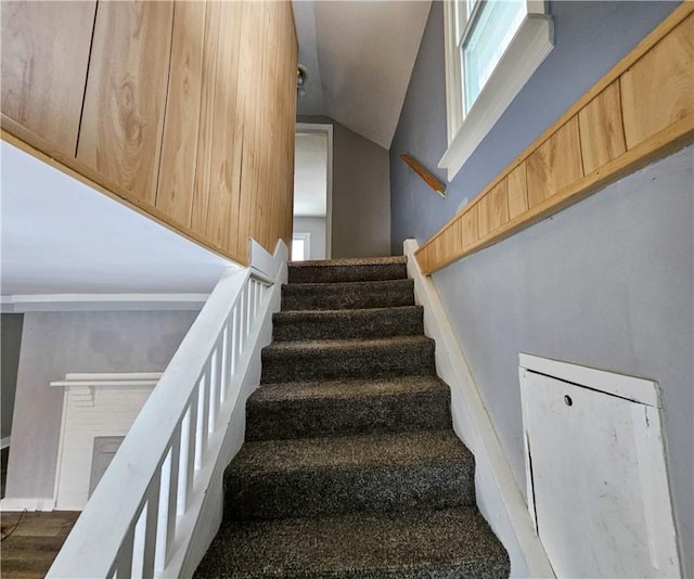 stairs with vaulted ceiling