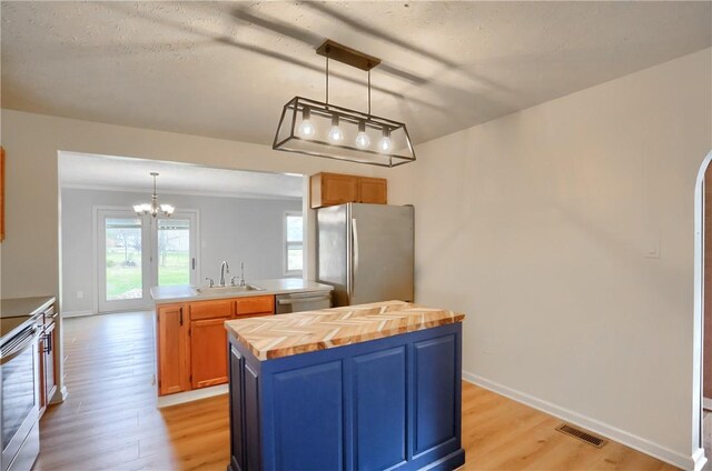 kitchen featuring sink, stainless steel appliances, wooden counters, pendant lighting, and a kitchen island