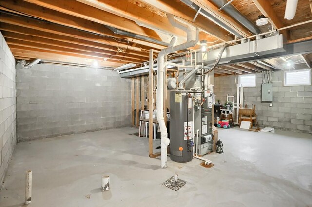 basement featuring electric panel and water heater