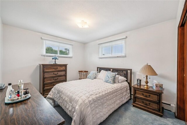 bedroom featuring dark carpet and baseboard heating