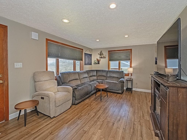 living room with a textured ceiling and light hardwood / wood-style floors