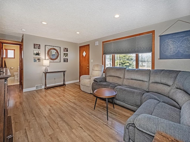 living room with a textured ceiling and light hardwood / wood-style flooring