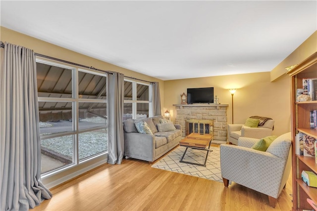 living room with light hardwood / wood-style floors and a fireplace