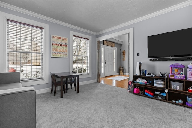 interior space with a textured ceiling, light colored carpet, and crown molding