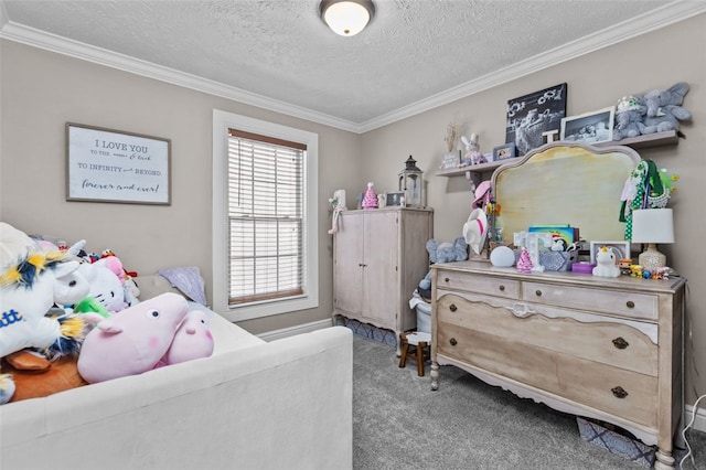 carpeted bedroom with a textured ceiling and ornamental molding