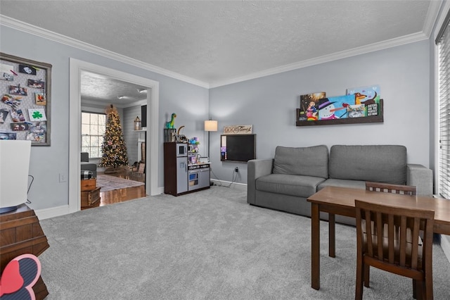 living room with light colored carpet, a textured ceiling, and ornamental molding