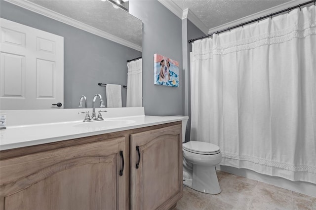 bathroom featuring vanity, a textured ceiling, crown molding, tile patterned flooring, and toilet