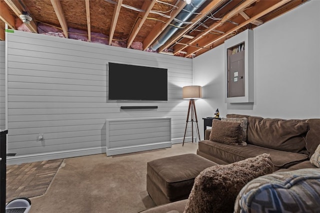 living room featuring electric panel and concrete floors