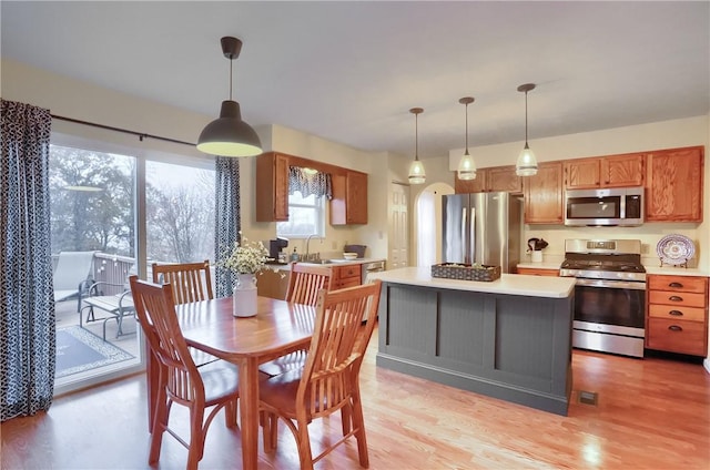 kitchen with pendant lighting, a center island, light hardwood / wood-style floors, and appliances with stainless steel finishes