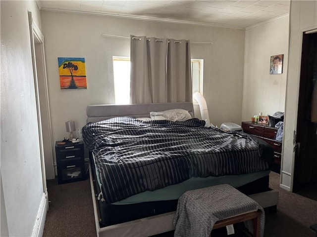 carpeted bedroom with crown molding