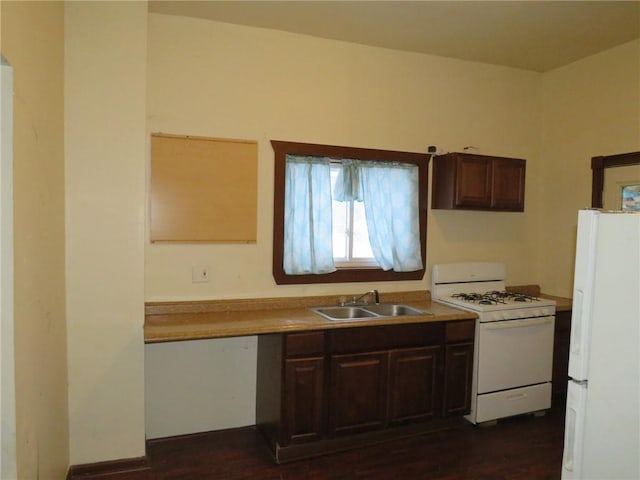 kitchen with dark hardwood / wood-style flooring, white appliances, dark brown cabinets, and sink