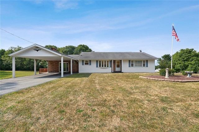 single story home featuring a front lawn and a carport