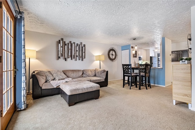 carpeted living room with a textured ceiling