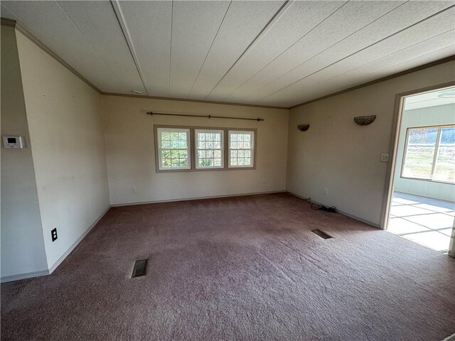 unfurnished room with carpet flooring, crown molding, and a healthy amount of sunlight