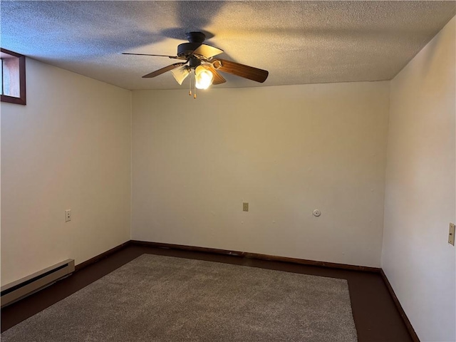 unfurnished room featuring a textured ceiling, ceiling fan, and a baseboard heating unit