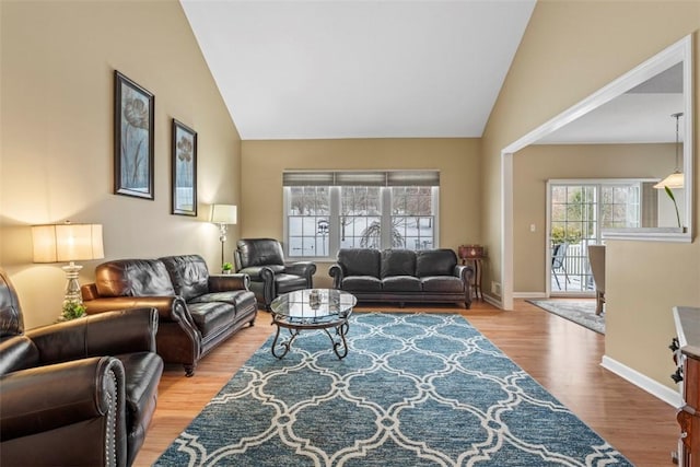 living room with hardwood / wood-style floors and lofted ceiling