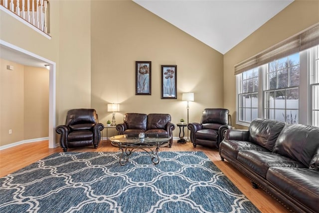 living room with hardwood / wood-style flooring and high vaulted ceiling