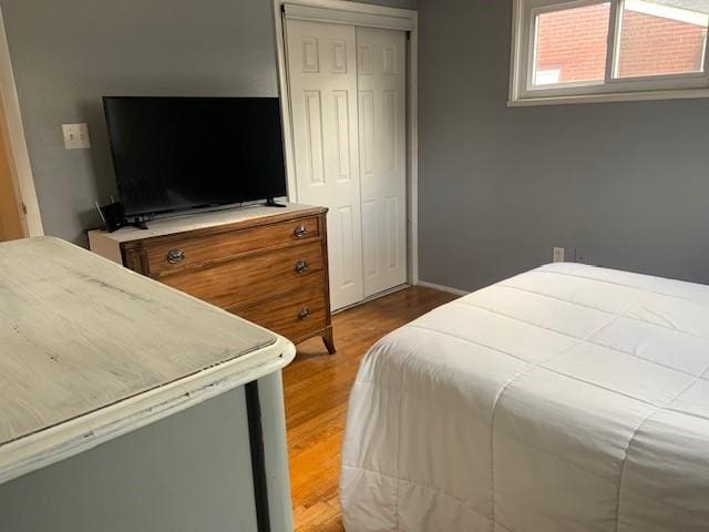 bedroom with wood-type flooring and a closet