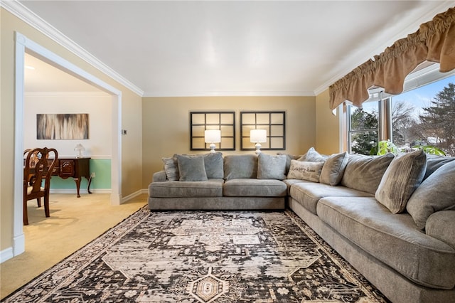 carpeted living room featuring ornamental molding