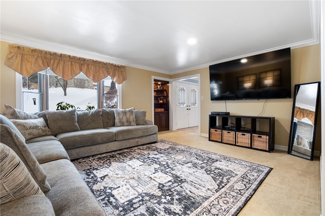 living room featuring crown molding and light carpet