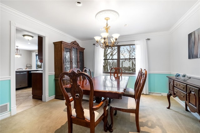 dining room featuring light colored carpet, crown molding, and a chandelier