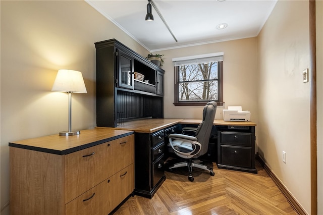 office space featuring light parquet floors and ornamental molding