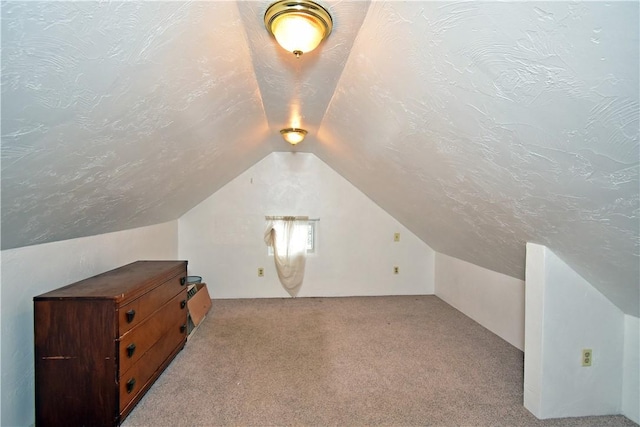 additional living space with lofted ceiling, light carpet, and a textured ceiling