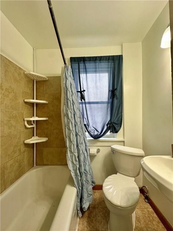 bathroom with shower / bath combination with curtain, toilet, and tile patterned flooring