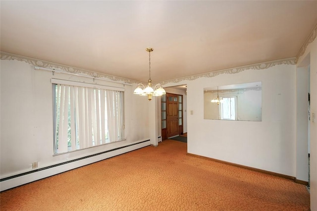 spare room with carpet, baseboard heating, and a chandelier