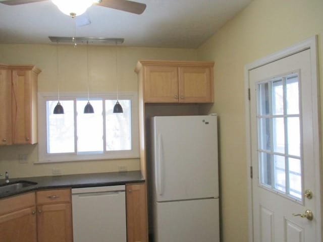 kitchen with ceiling fan, sink, pendant lighting, and white appliances