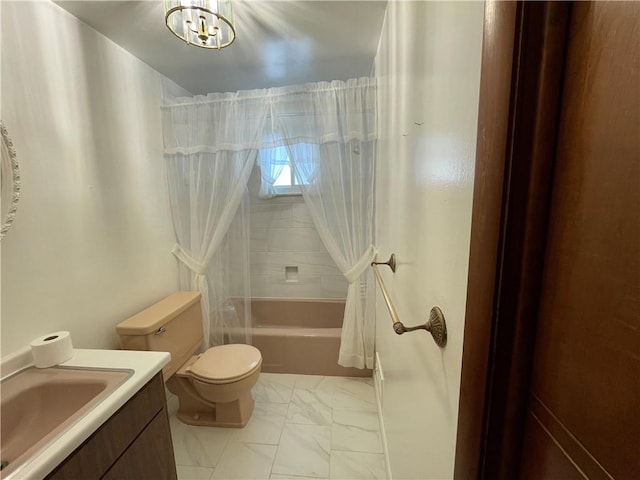 full bathroom featuring toilet, shower / bath combo, and vanity