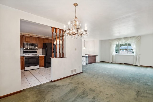 unfurnished dining area with visible vents, light carpet, light tile patterned flooring, baseboards, and a chandelier