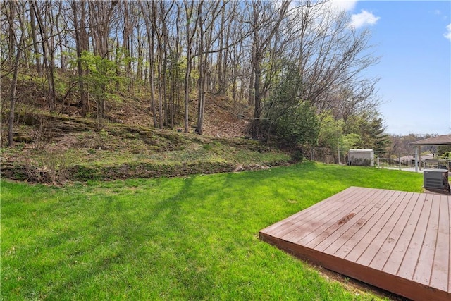 view of yard featuring fence and a deck