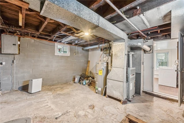 basement with electric water heater, sink, electric panel, and heating unit