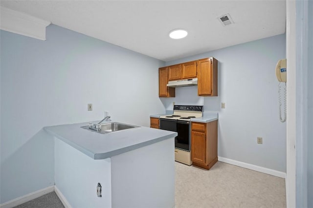 kitchen featuring kitchen peninsula, electric range, and sink