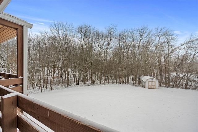 yard covered in snow with a storage unit