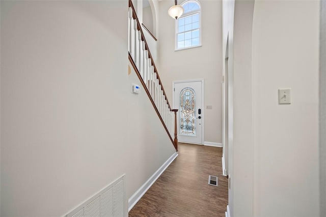 foyer entrance with a high ceiling and dark wood-type flooring