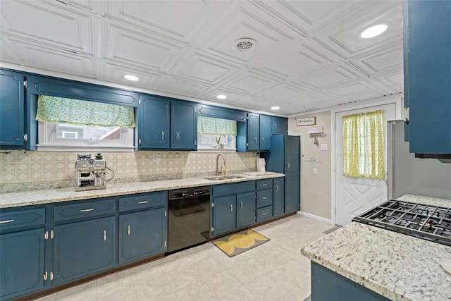 kitchen with a wealth of natural light, dishwasher, sink, blue cabinets, and refrigerator