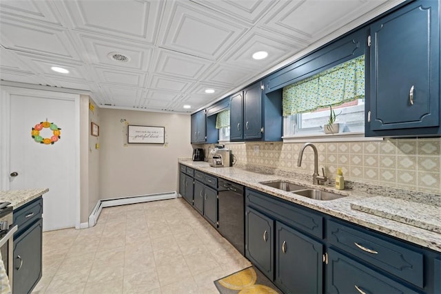 kitchen featuring dishwasher, light stone counters, blue cabinets, and sink