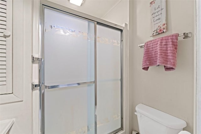 bathroom with toilet and a shower with door